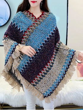 Boho Aztec Poncho W/ Fringes 